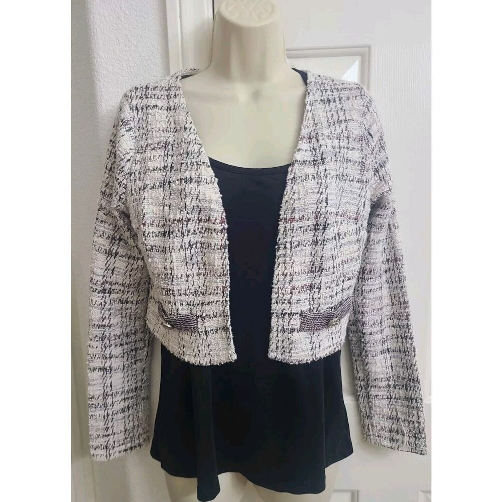 Lovely Day Blazer Women's-Small- Cropped-Open Front, Tweed, White/Maroon/Black